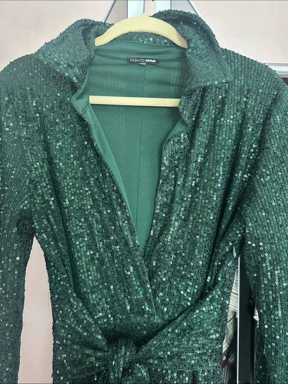 Fashion Nova Emerald Green Sequin Wrap jumpsuit